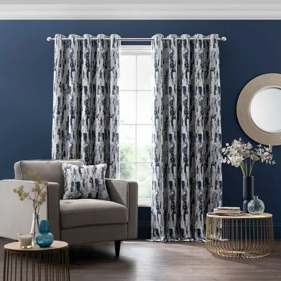 Pair Eyelet Curtains Abstract Design - Navy