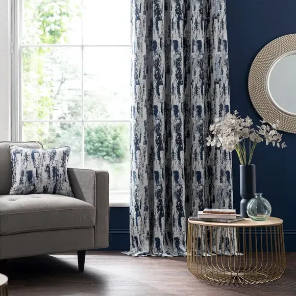 Pair Eyelet Curtains Abstract Design - Navy