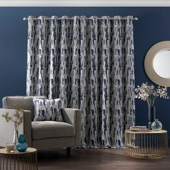 Pair Eyelet Curtains Abstract Design - Navy