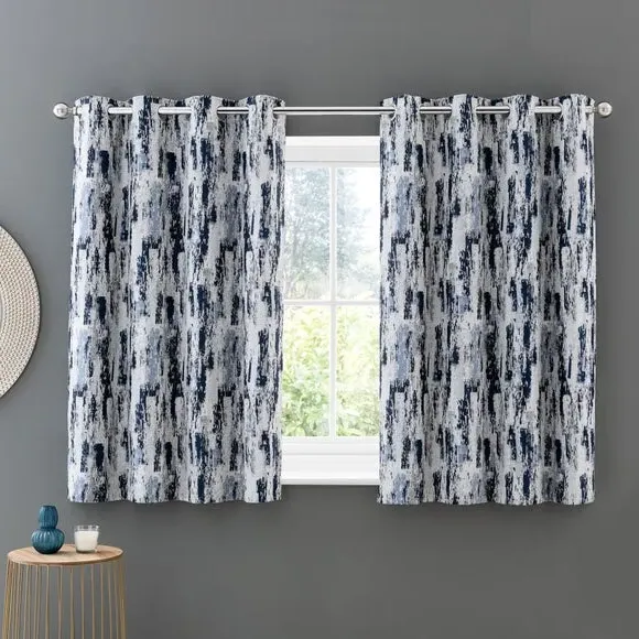 Pair Eyelet Curtains Abstract Design - Navy