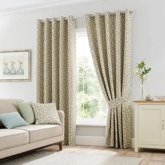 Pair Eyelet Curtains Floral - Duck Egg, Jacquard
