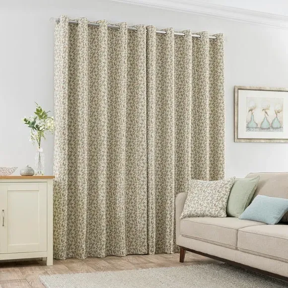 Pair Eyelet Curtains Floral - Duck Egg, Jacquard