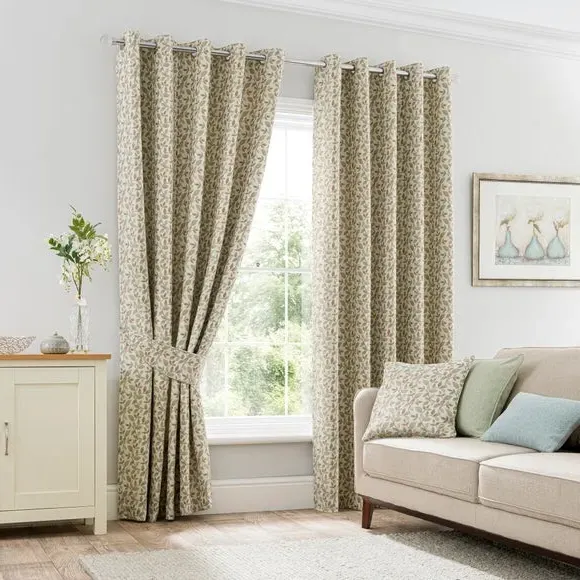 Pair Eyelet Curtains Floral - Duck Egg, Jacquard