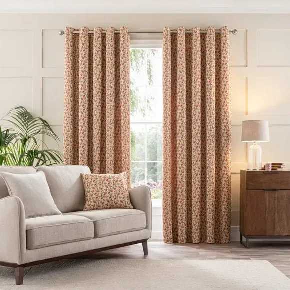 Pair Eyelet Curtains Floral - Terracotta, Jacquard