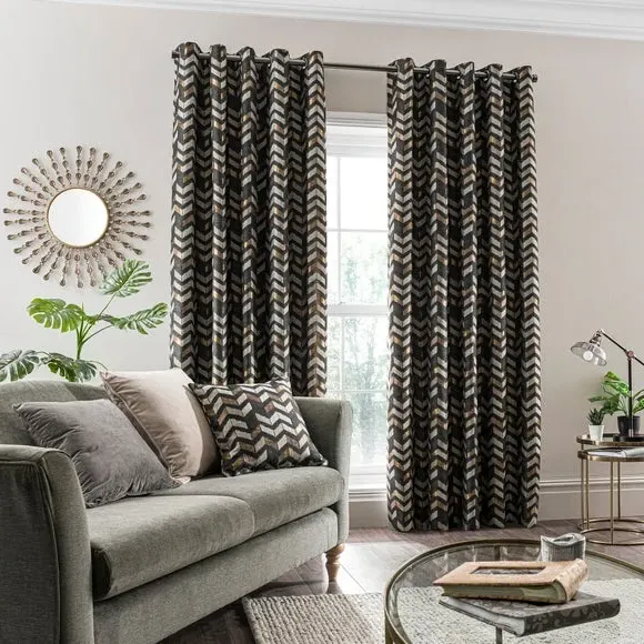 Pair Eyelet Curtains Geometric - Black