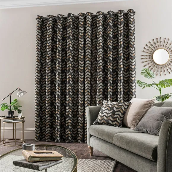 Pair Eyelet Curtains Geometric - Black