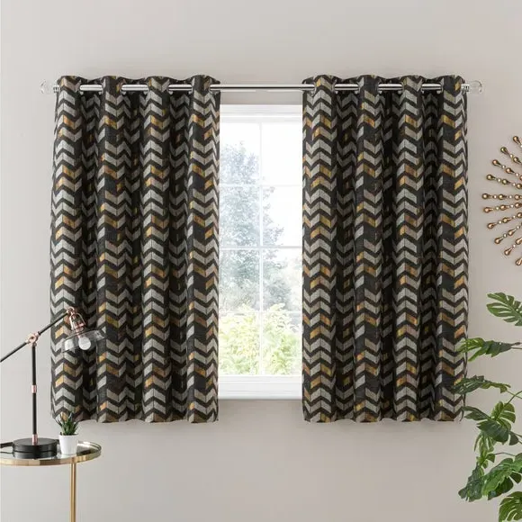 Pair Eyelet Curtains Geometric - Black