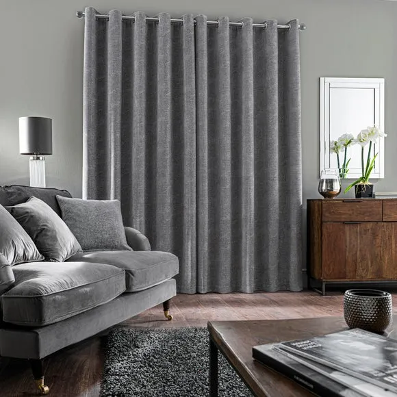 Pair Eyelet Curtains Geometric - Grey, Chenille