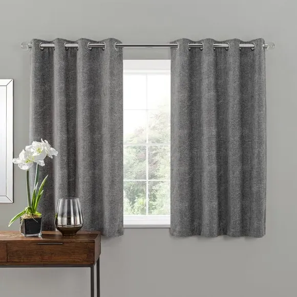 Pair Eyelet Curtains Geometric - Grey, Chenille