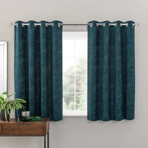 Pair Eyelet Curtains Geometric - Peacock, Chenille
