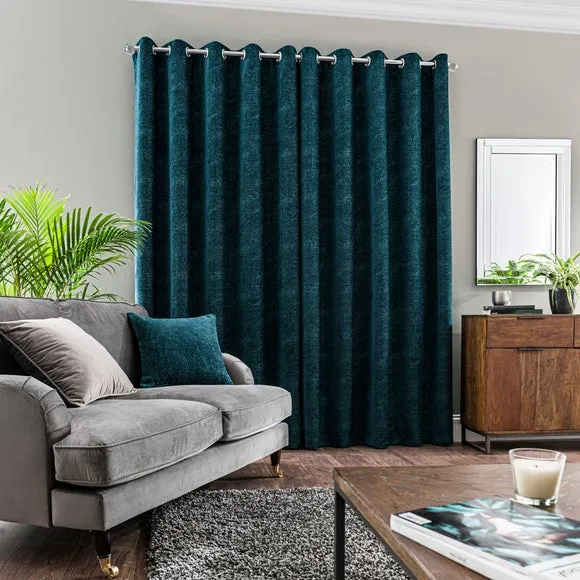 Pair Eyelet Curtains Geometric - Peacock, Chenille