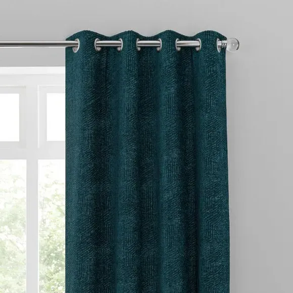 Pair Eyelet Curtains Geometric - Peacock, Chenille
