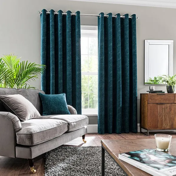 Pair Eyelet Curtains Geometric - Peacock, Chenille