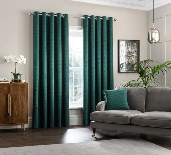 Pair Eyelet Curtains with Geometric Design - Green