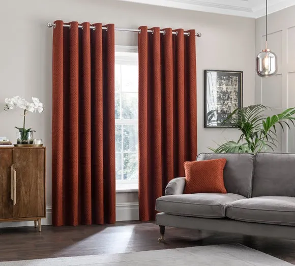 Pair Eyelet Curtains with Geometric Design - Orange