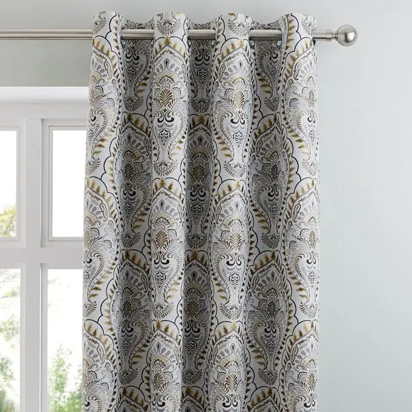 Pair Eyelet Curtains with Jacquard - Ochre