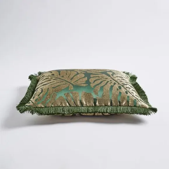 Palm Leaf Cushion with Fringe - Green, Jacquard