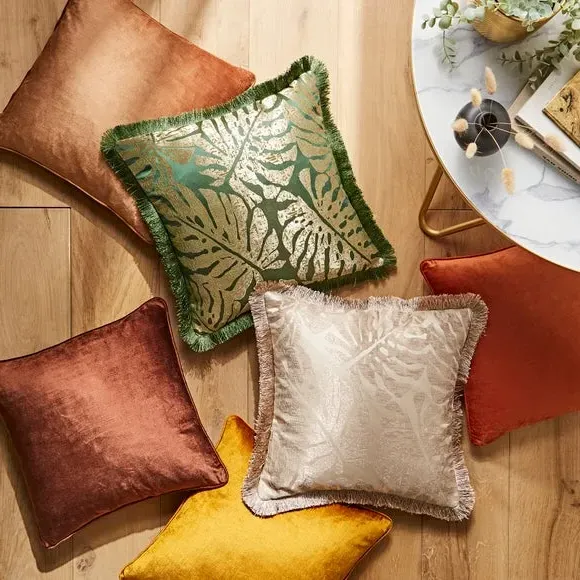 Palm Leaf Cushion with Fringe - Green, Jacquard