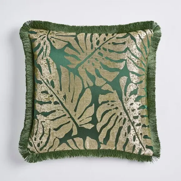 Palm Leaf Cushion with Fringe - Green, Jacquard