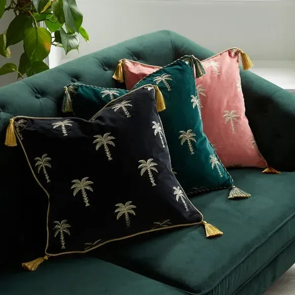 Palm Tree Cushion with Tassels - Black, Velvet