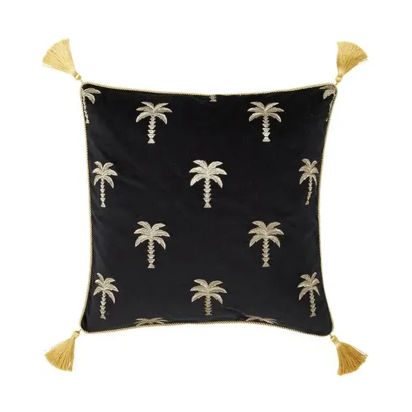 Palm Tree Cushion with Tassels - Black, Velvet image