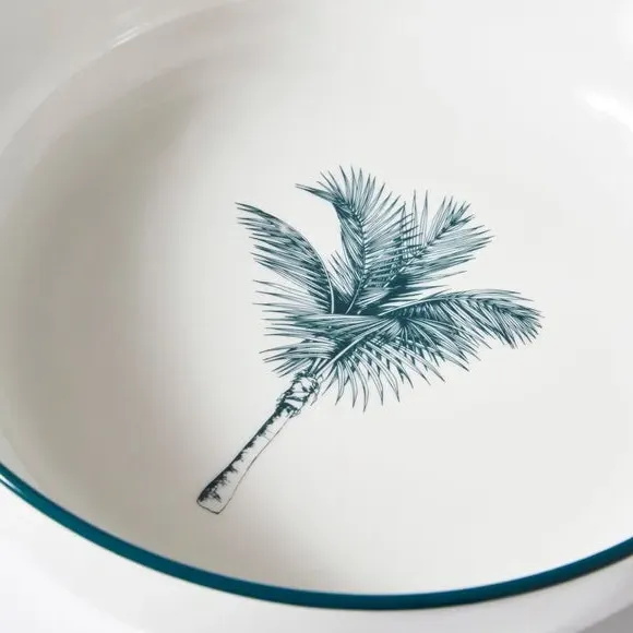 Pasta Bowl with Palm Design - Teal, Porcelain