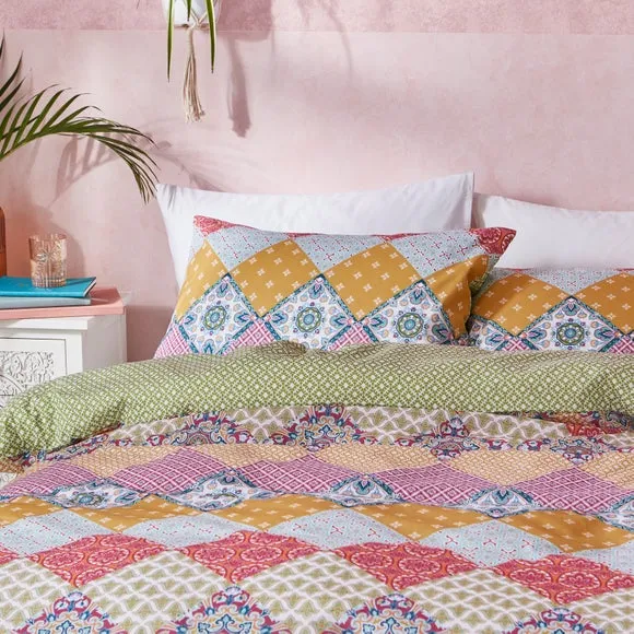 Patchwork Duvet Cover Set - Pink, Polycotton