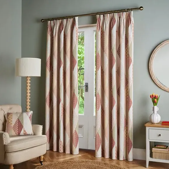 Patchwork Print Pencil Pleat Curtains - Orange