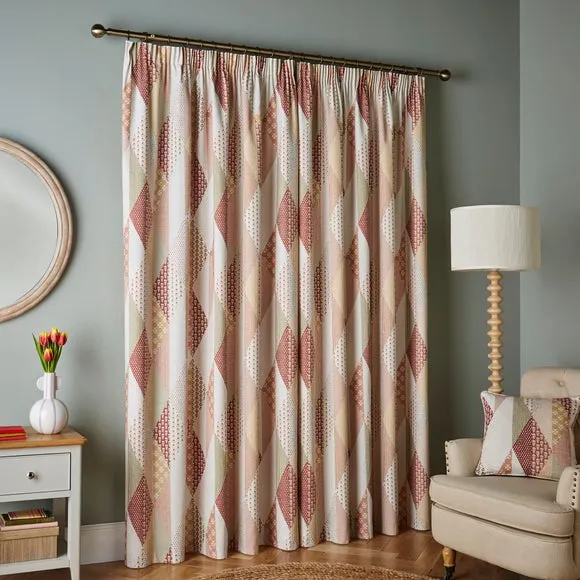 Patchwork Print Pencil Pleat Curtains - Orange