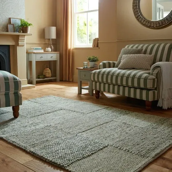 Patchwork Rug Hand Crafted - Olive, Wool Blend