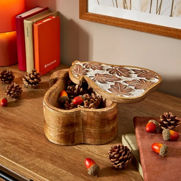 Pear Shaped Trinket Box Carved Leaves - White, Wood image