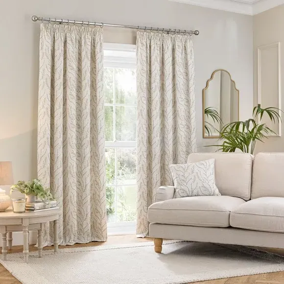 Pencil Pleat Curtains Embroidered - Natural