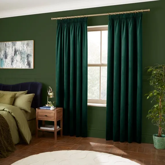 Pencil Pleat Curtains Fully Lined - Bottle Green, Velour