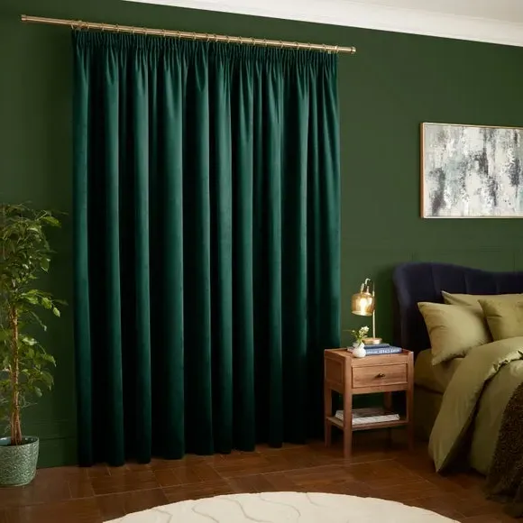 Pencil Pleat Curtains Fully Lined - Bottle Green, Velour