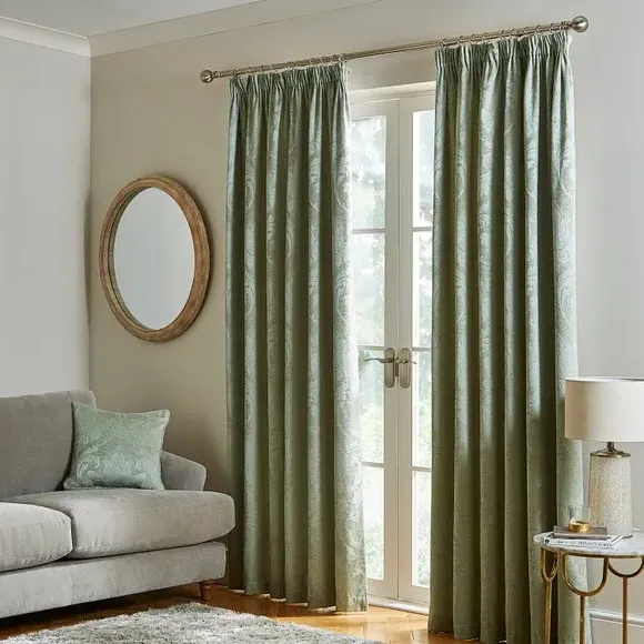 Pencil Pleat Curtains Fully Lined - Green, Chenille