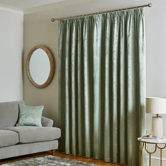Pencil Pleat Curtains Fully Lined - Green, Chenille