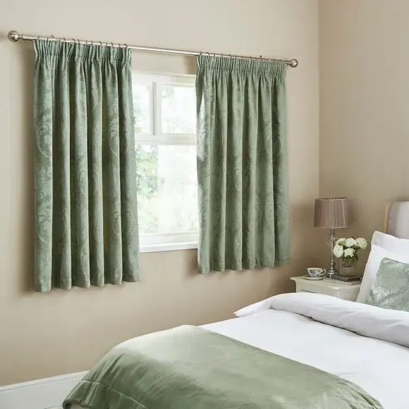 Pencil Pleat Curtains Fully Lined - Green, Chenille