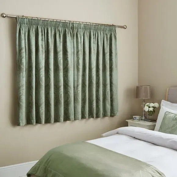 Pencil Pleat Curtains Fully Lined - Green, Chenille