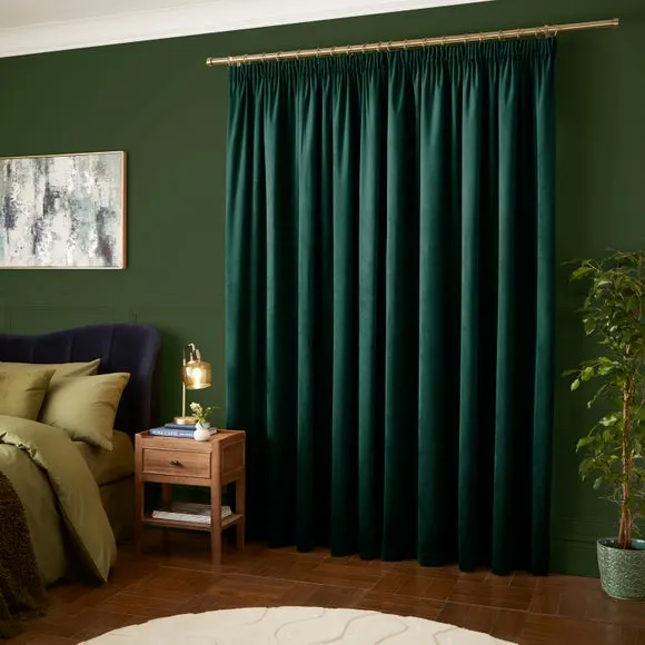 Pencil Pleat Curtains Fully Lined - Green, Velour