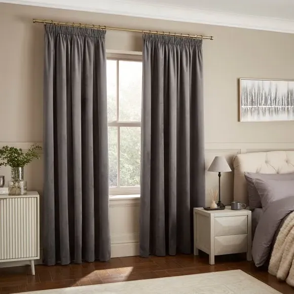 Pencil Pleat Curtains Fully Lined - Grey, Velour