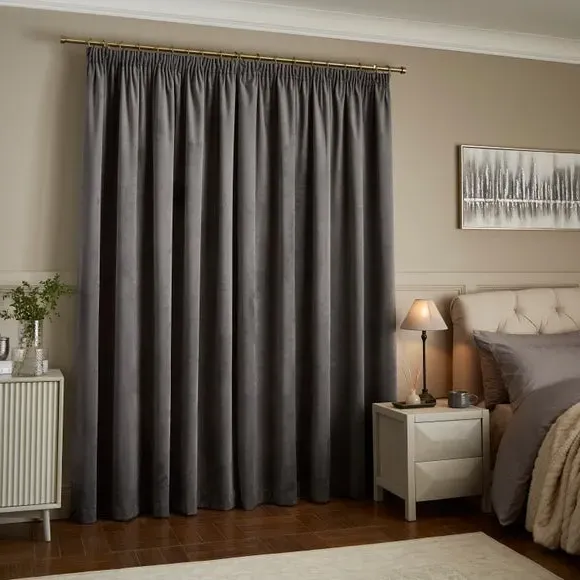 Pencil Pleat Curtains Fully Lined - Grey, Velour