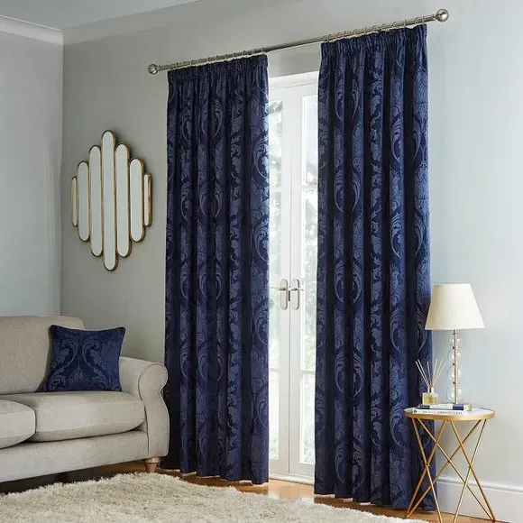 Pencil Pleat Curtains Fully Lined - Navy, Chenille