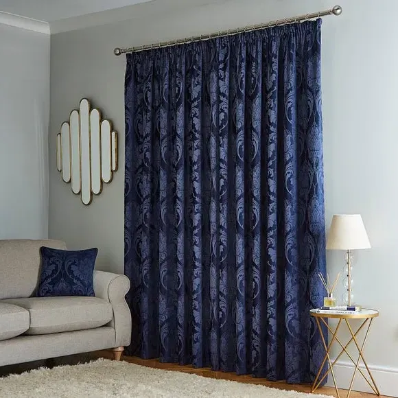 Pencil Pleat Curtains Fully Lined - Navy, Chenille