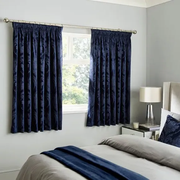 Pencil Pleat Curtains Fully Lined - Navy, Chenille