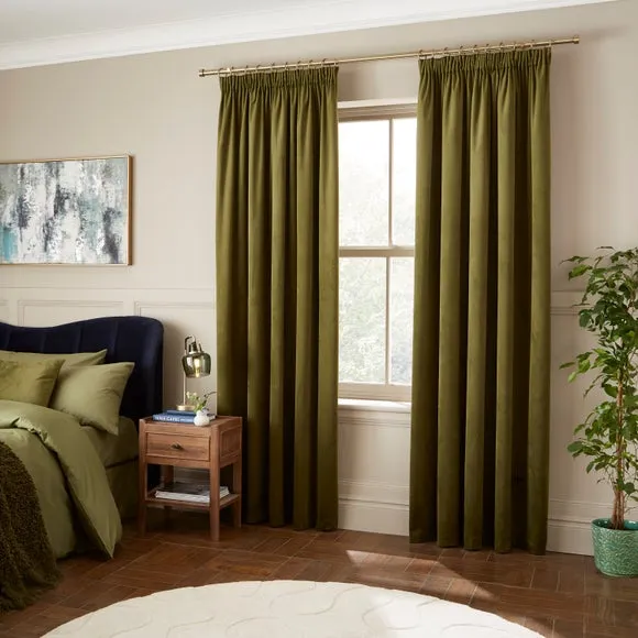 Pencil Pleat Curtains Fully Lined - Olive, Velour