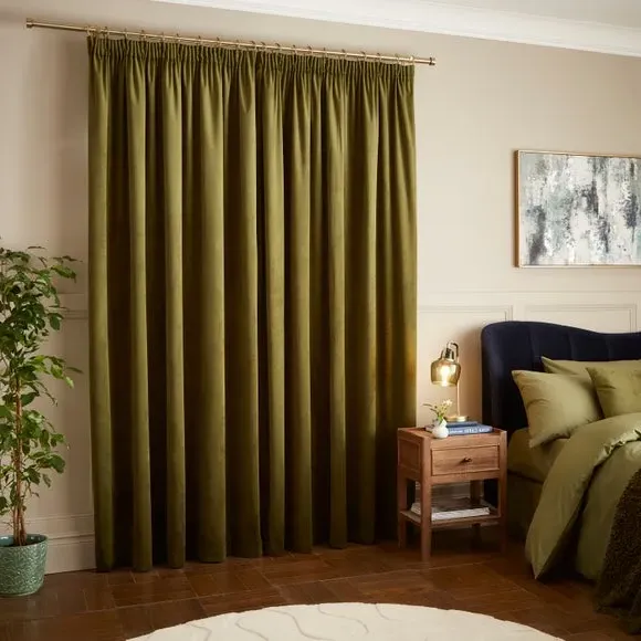 Pencil Pleat Curtains Fully Lined - Olive, Velour
