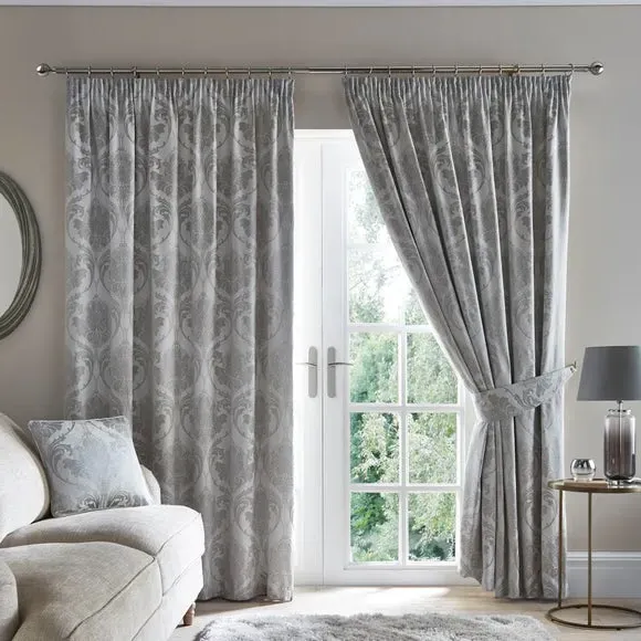 Pencil Pleat Curtains Fully Lined - Silver, Chenille