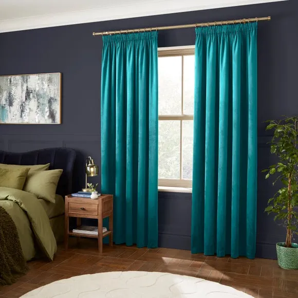 Pencil Pleat Curtains Fully Lined - Teal, Velour