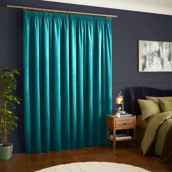 Pencil Pleat Curtains Fully Lined - Teal, Velour