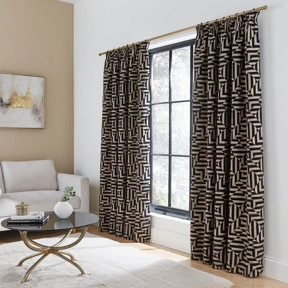 Pencil Pleat Curtains Geometric - Black, Chenille